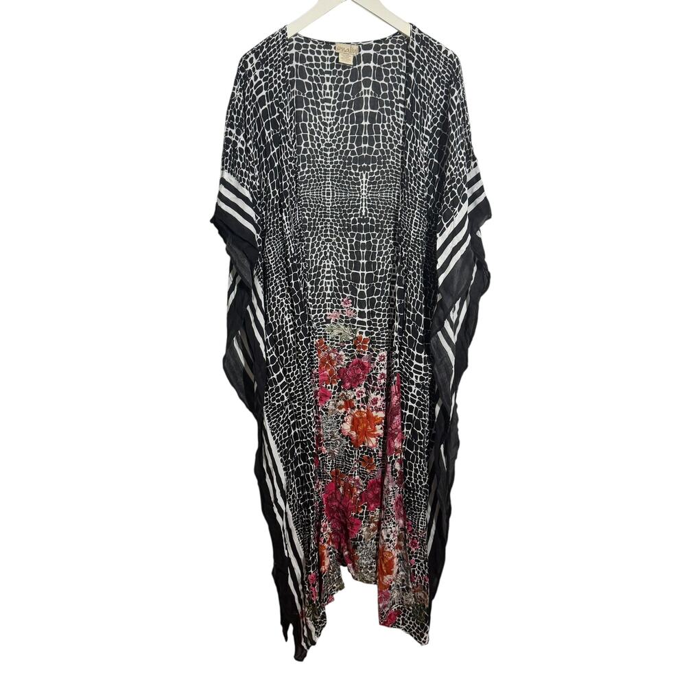 Nalini Shrug‎ Poncho Cape Duster Tunic Women OS Black Floral Leopard Lagenlook